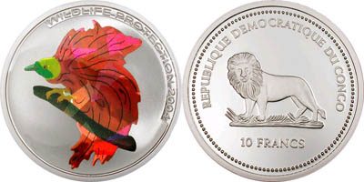 Congo - 2004 - 10 Francs - KMnew Birds Paradise bird silver (PROOF)