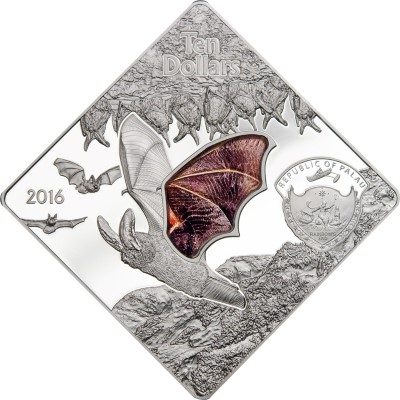 Palau - 2016 - 10 Dollars - Animals in Glass THE BAT (including box) (PROOF)