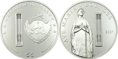Palau - 2007 - 5 Dollars - Lourdes with real water (PROOF)