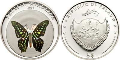 Palau - 2008 - 5 Dollars - Black butterfly Graphium agamemnon (PROOF)