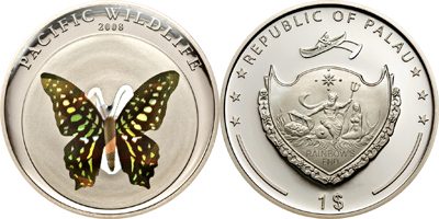Palau - 2008 - 1 Dollar - Black butterfly Graphium agamemnon (PROOF)