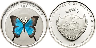 Palau - 2008 - 5 Dollars - Blue Butterfly Papilio pericles (PROOF)
