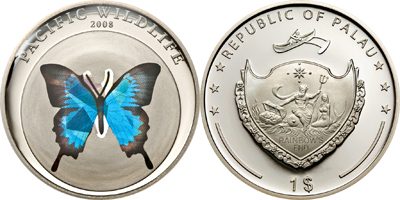 Palau - 2008 - 1 Dollar - Blue butterfly Papilio pericles (PROOF)