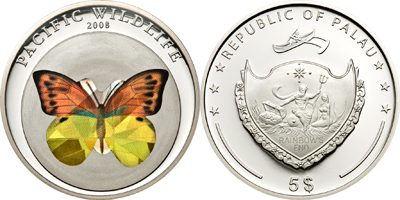 Palau - 2008 - 5 Dollars - Yellow Butterfly Hebomoia leucippe (PROOF)