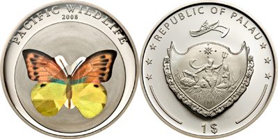 Palau - 2008 - 1 Dollar - Yellow butterfly Hebomoia leucippe (PROOF)