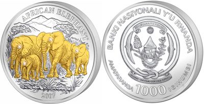 Rwanda - 2007 - 1000 Francs - Elephants (with 4 diamond eyes, 3oz silver) (PROOF)