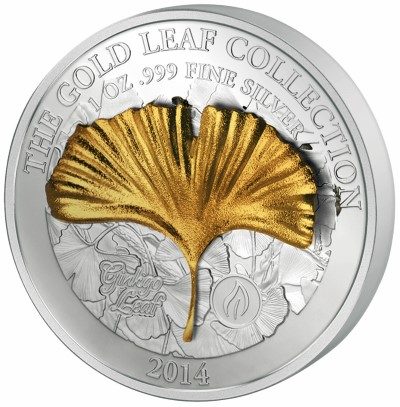 Solomon Islands - 2014 - 5 Dollars - Silver Coin with Gold Leaf 3D GINKGO (PROOF)