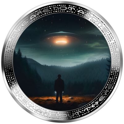 Cameroon - 2025 - 2000 Francs - UFO AND HUMAN IN WILDERNESS 2oz silver version UFO & Aliens