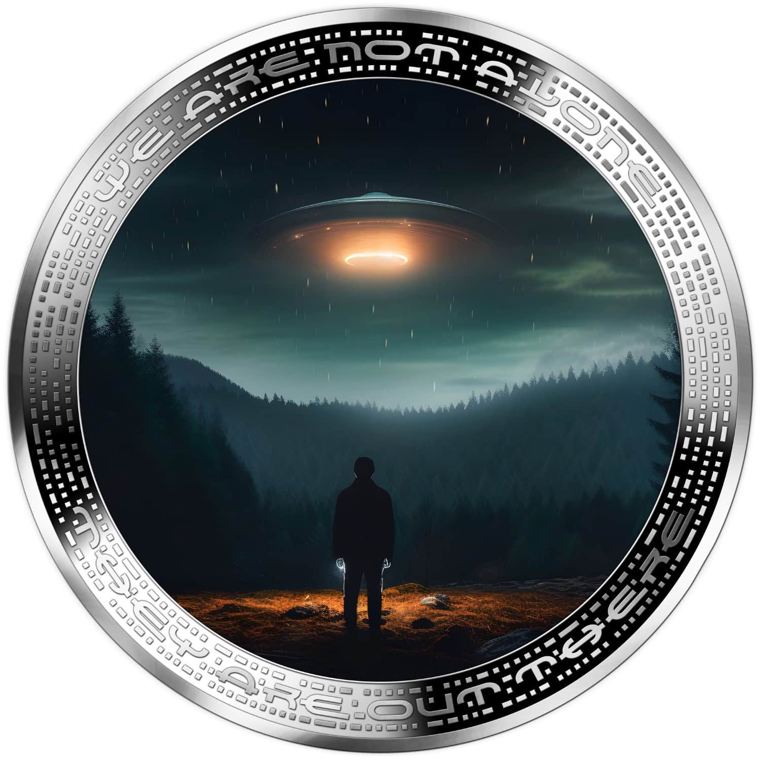 Cameroon - 2025 - 2000 Francs - UFO AND HUMAN IN WILDERNESS 2oz silver version UFO & Aliens