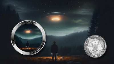 Cameroon - 2025 - 2000 Francs - UFO AND HUMAN IN WILDERNESS 2oz silver version UFO & Aliens