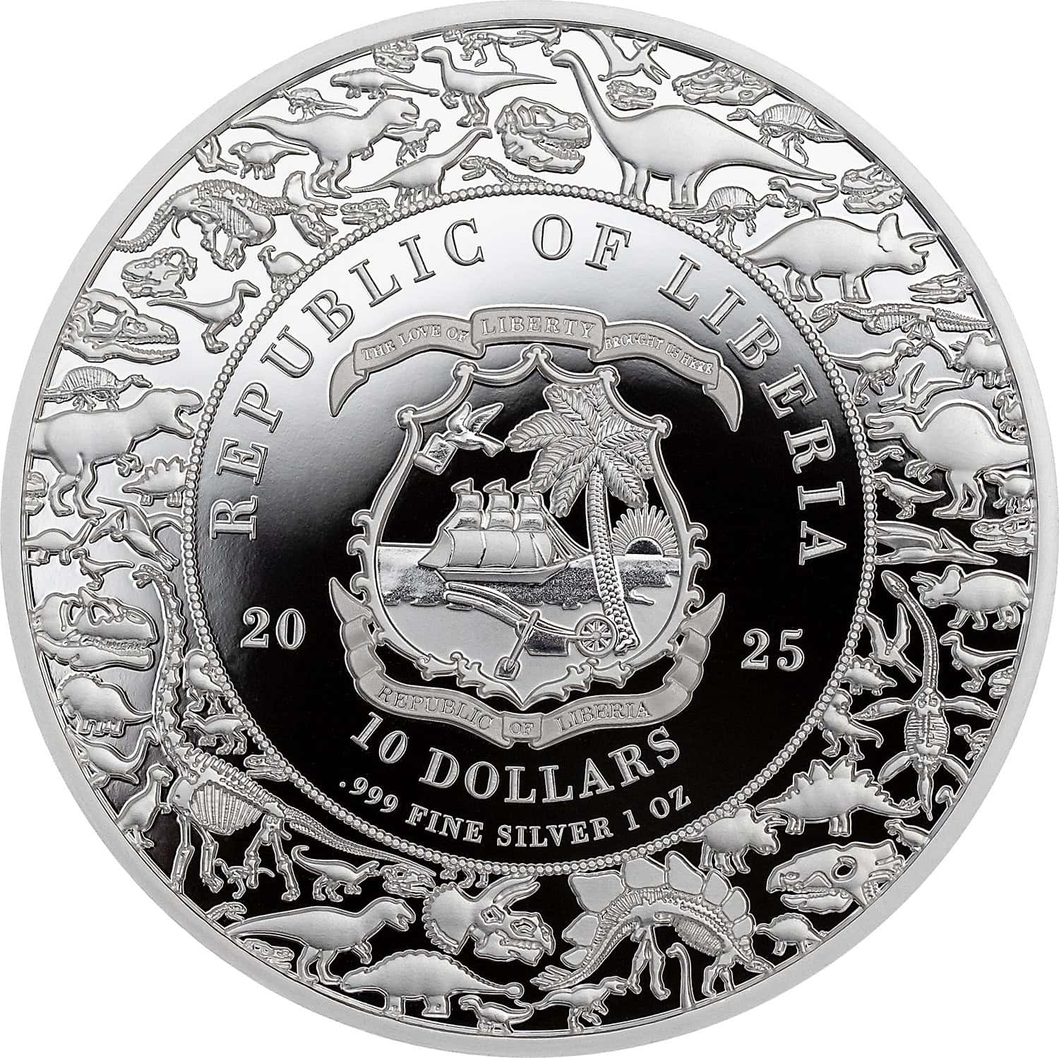 Liberia - 2025 - 10 Dollars - T-Rex (Jurassic Life series) 1oz silver
