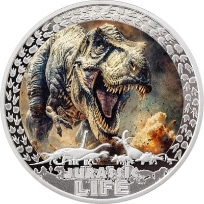 Liberia - 2025 - 10 Dollars - T-Rex (Jurassic Life series) 1oz silver