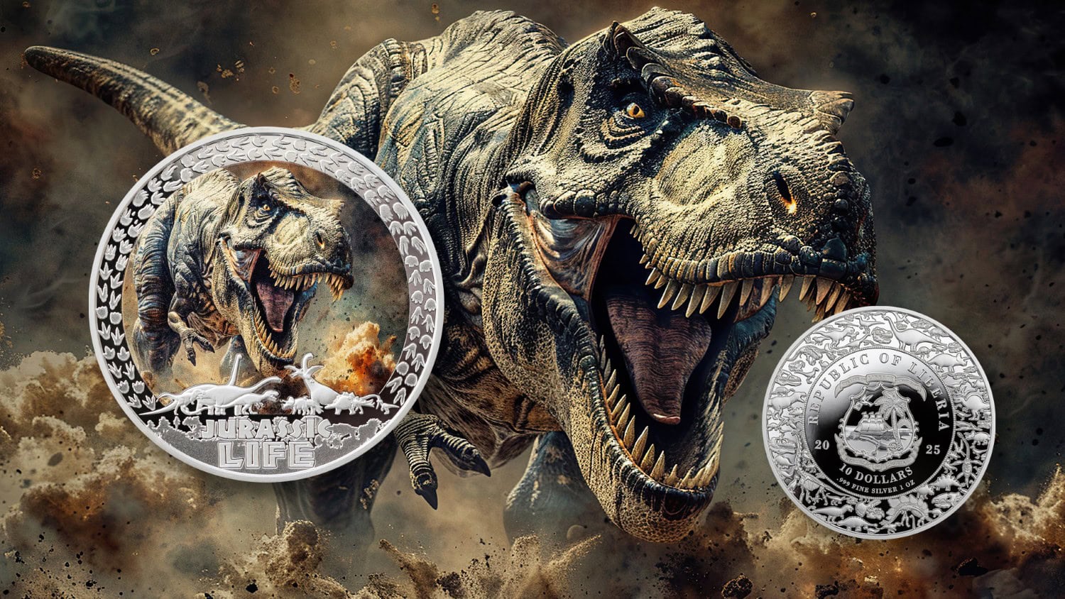 Liberia - 2025 - 10 Dollars - T-Rex (Jurassic Life series) 1oz silver