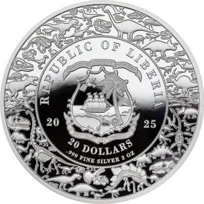 Liberia - 2025 - 20 Dollars - Triceratops (Jurassic Life series) 2oz silver