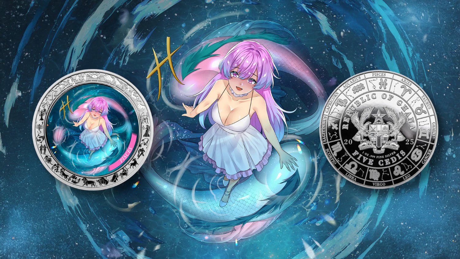 Ghana - 2025 - 5 Cedis - Pisces Anime Zodiac (Zodiac series) 1oz silver