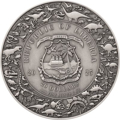 Liberia - 2025 - 20 Dollars - Velociraptor (Jurassic Life series) 2oz silver UHR Antiqued