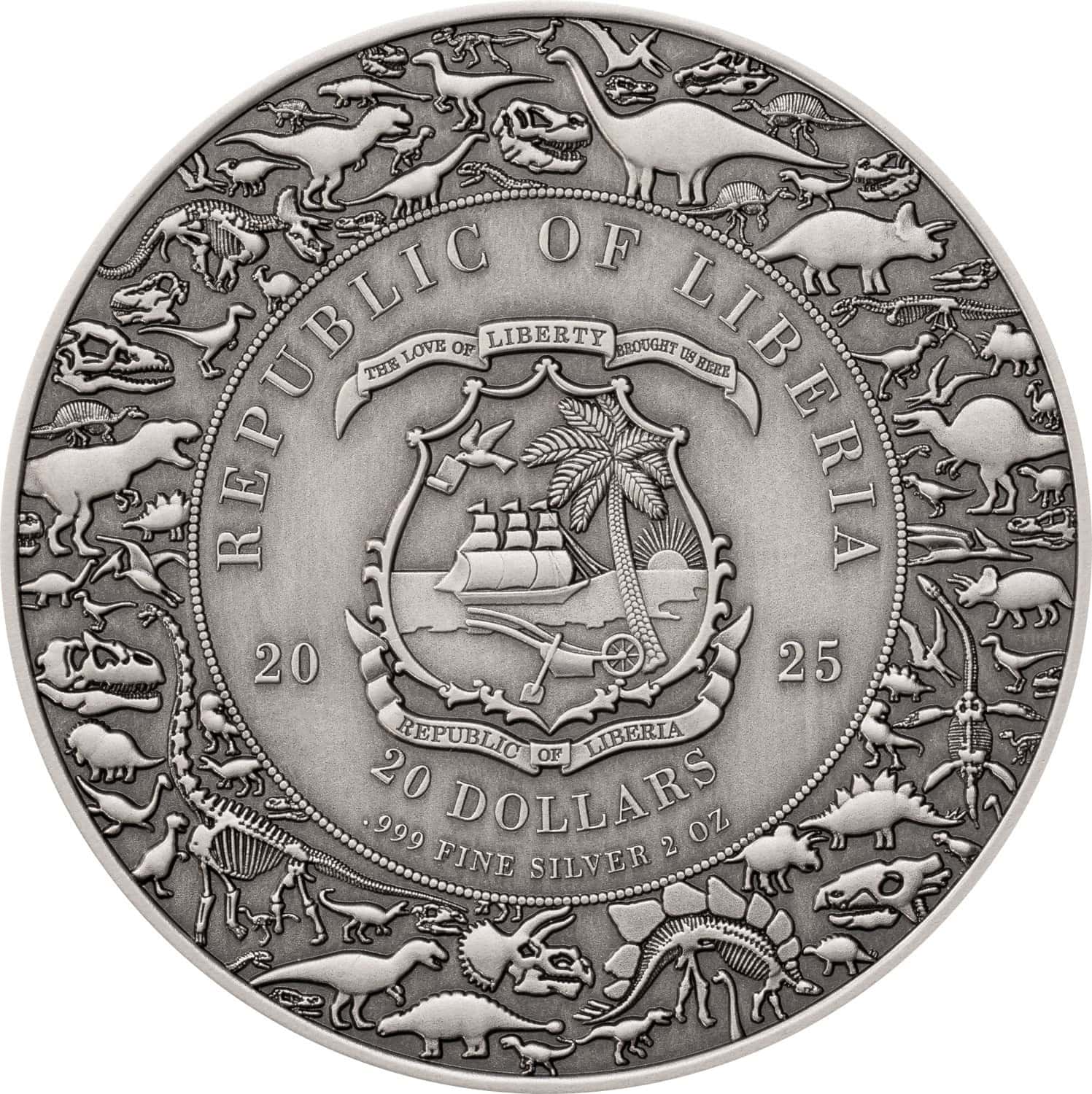 Liberia - 2025 - 20 Dollars - Velociraptor (Jurassic Life series) 2oz silver UHR Antiqued