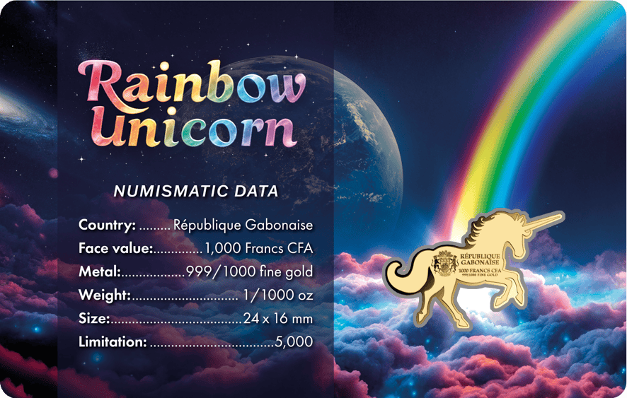 Gabon - 2026 - 1000 Francs - Rainbow Unicorn 1/1000 oz Gold Coin in Card