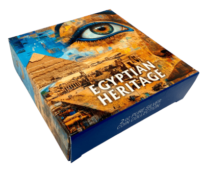 This remarkable 2 oz Egyptian Heritage Anubis silver coin pays tribute to one of the most iconic deities of ancient Egypt: Anubis, the jackal-headed guardian of the dead and protector of souls on their journey to the afterlife. Struck in .999 silver, crafted in ultra high relief, and finished in a refined antique patina, the coin captures the solemn power and mystique of the ancient world. The reverse presents Anubis in commanding detail—regal posture, divine headdress, and solemn gaze—evoking centuries of mythology surrounding mummification, judgment, and spiritual passage. Surrounding him is a rich tapestry of hieroglyphs, sacred emblems, and ornamental motifs that echo Egypt’s artistic and religious heritage. The obverse continues this visual narrative with a composition of traditional symbols and architectural elements that reflect the cultural legacy of the Nile civilization, alongside the national arms, face value, and year of issue. Issued by Liberia as 20 Dollars legal tender, the coin measures 50 mm and is strictly limited to only 99 pieces, emphasizing rarity and collectability. Each coin is housed in an elegant display box with a certificate of authenticity, making it a premium collectible for admirers of ancient civilizations and high-relief numismatic art.