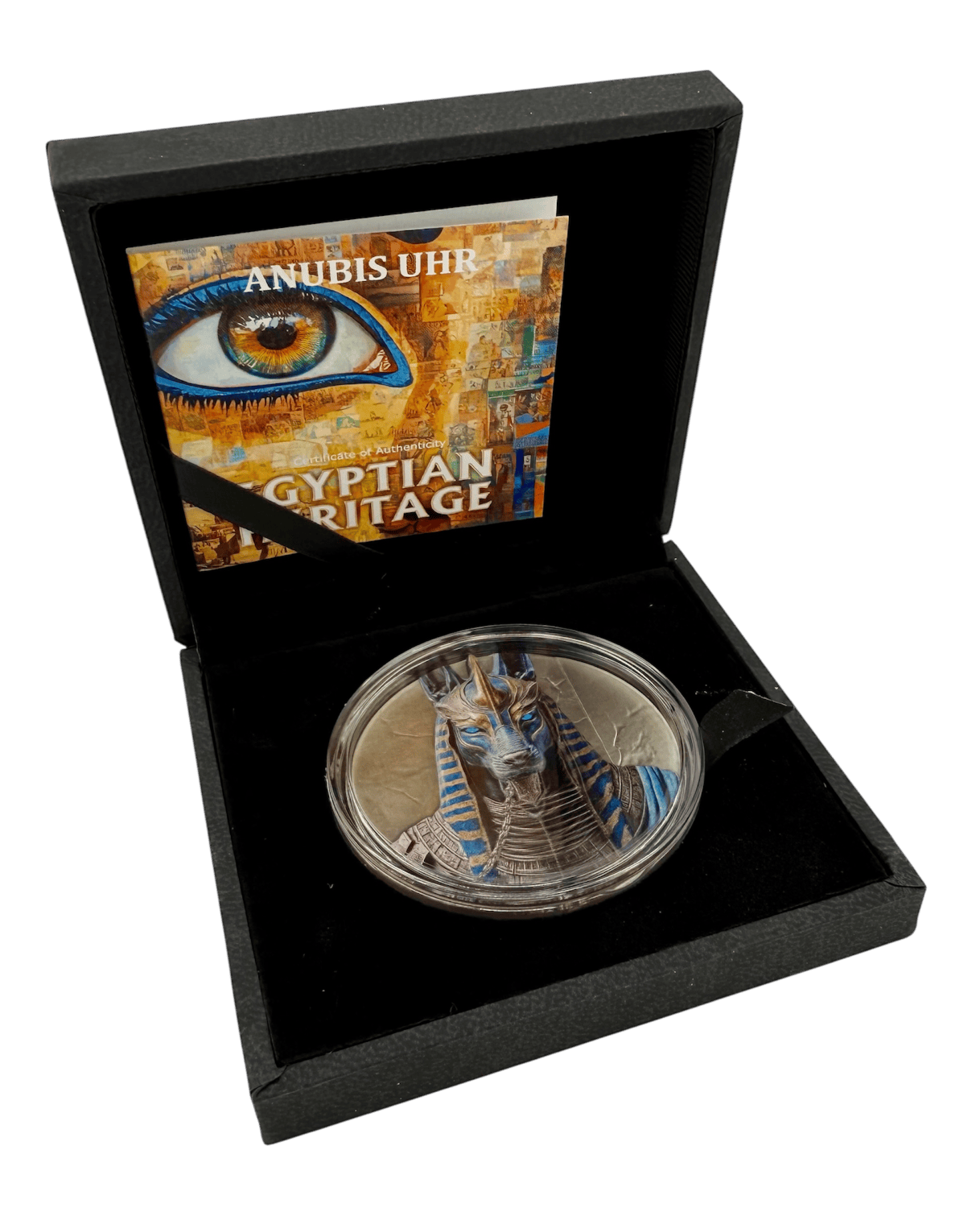 This remarkable 2 oz Egyptian Heritage Anubis silver coin pays tribute to one of the most iconic deities of ancient Egypt: Anubis, the jackal-headed guardian of the dead and protector of souls on their journey to the afterlife. Struck in .999 silver, crafted in ultra high relief, and finished in a refined antique patina, the coin captures the solemn power and mystique of the ancient world. The reverse presents Anubis in commanding detail—regal posture, divine headdress, and solemn gaze—evoking centuries of mythology surrounding mummification, judgment, and spiritual passage. Surrounding him is a rich tapestry of hieroglyphs, sacred emblems, and ornamental motifs that echo Egypt’s artistic and religious heritage. The obverse continues this visual narrative with a composition of traditional symbols and architectural elements that reflect the cultural legacy of the Nile civilization, alongside the national arms, face value, and year of issue. Issued by Liberia as 20 Dollars legal tender, the coin measures 50 mm and is strictly limited to only 99 pieces, emphasizing rarity and collectability. Each coin is housed in an elegant display box with a certificate of authenticity, making it a premium collectible for admirers of ancient civilizations and high-relief numismatic art.