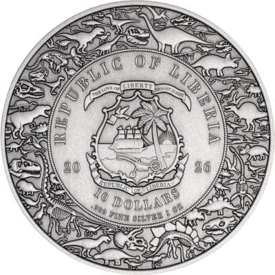 Liberia - 2026 - 10 Dollars - Velociraptor (Jurassic Life series) 1oz silver UHR Antiqued