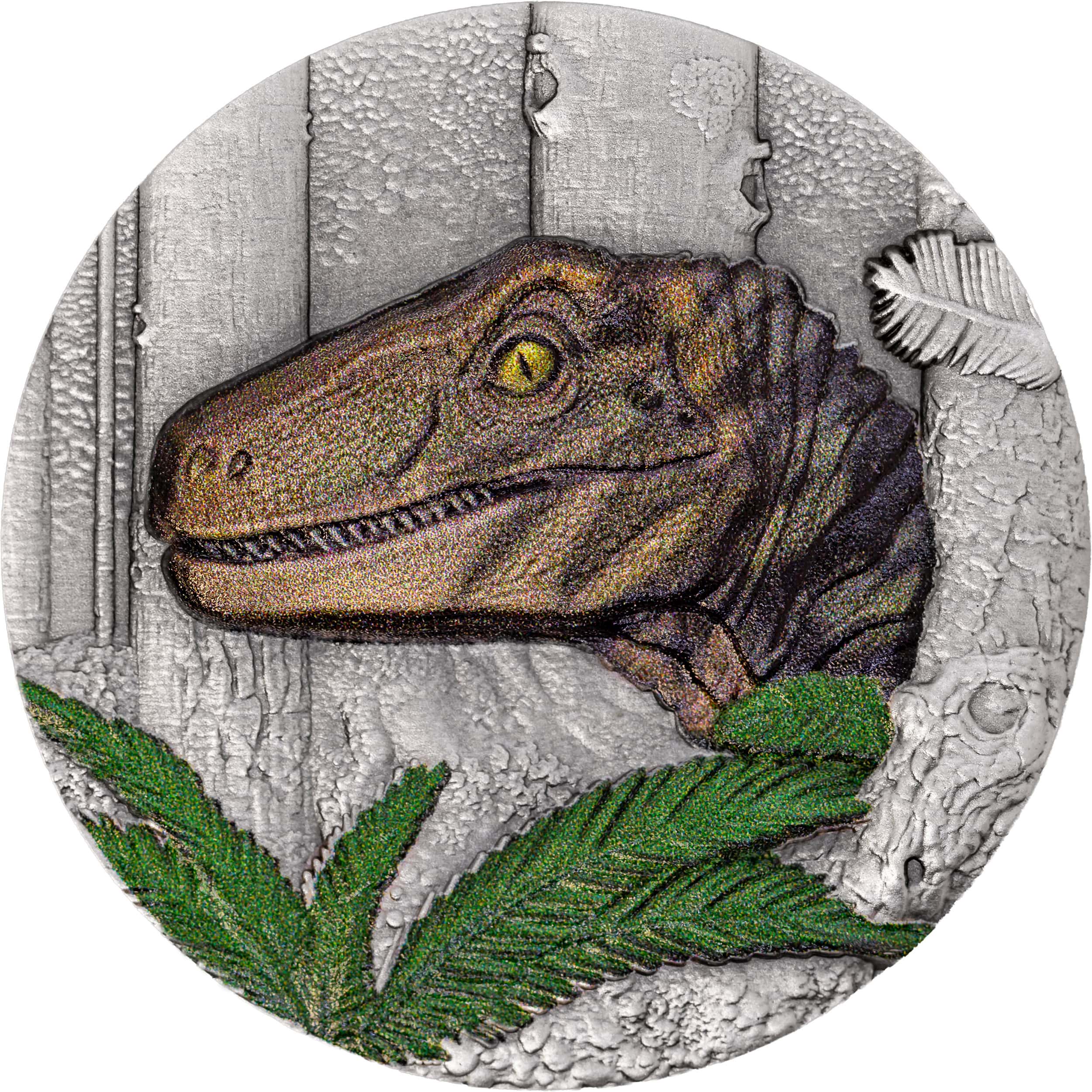 Liberia - 2026 - 10 Dollars - Velociraptor (Jurassic Life series) 1oz silver UHR Antiqued