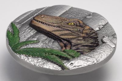 Liberia - 2026 - 10 Dollars - Velociraptor (Jurassic Life series) 1oz silver UHR Antiqued