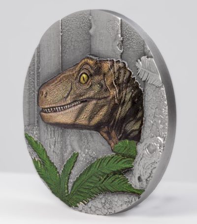 Liberia - 2026 - 10 Dollars - Velociraptor (Jurassic Life series) 1oz silver UHR Antiqued