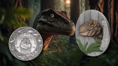 Liberia - 2026 - 10 Dollars - Velociraptor (Jurassic Life series) 1oz silver UHR Antiqued