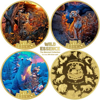 Liberia - 2026 - 3x 10 Dollars - Leopard, Polar Bear, Puma (Wild Essence series) 3x 1oz silver GILDED