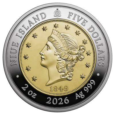 Niue - 2026 - 5 Dollars - 1849 Liberty Head Double Eagle (Greatest United States coins series) 2oz silver
