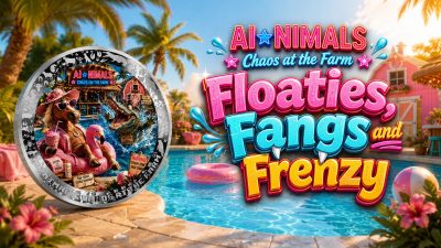 Cameroon - 2026 - 1000 Francs - Floaties, Fangs and Frenzy (AI•NIMALS Chaos at the Farm series) 1oz silver