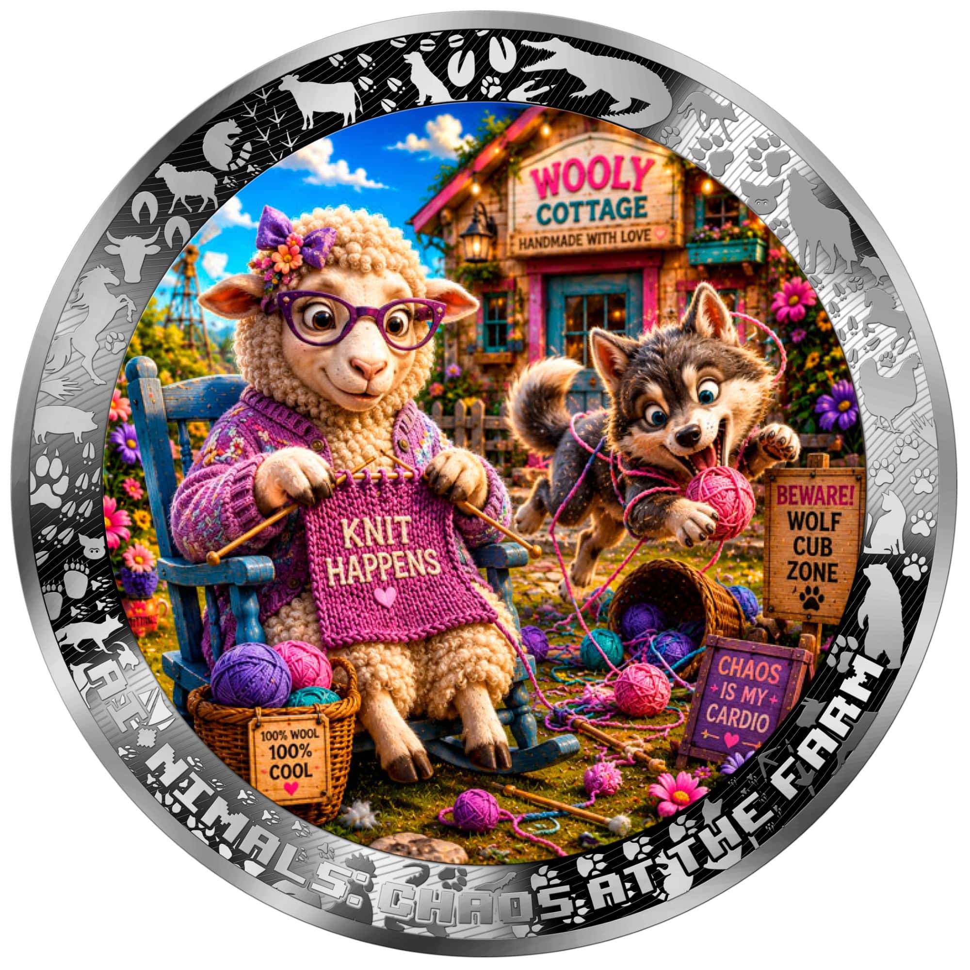 Cameroon - 2026 - 1000 Francs - Knit Happens Again (AI•NIMALS Chaos at the Farm series) 1oz silver