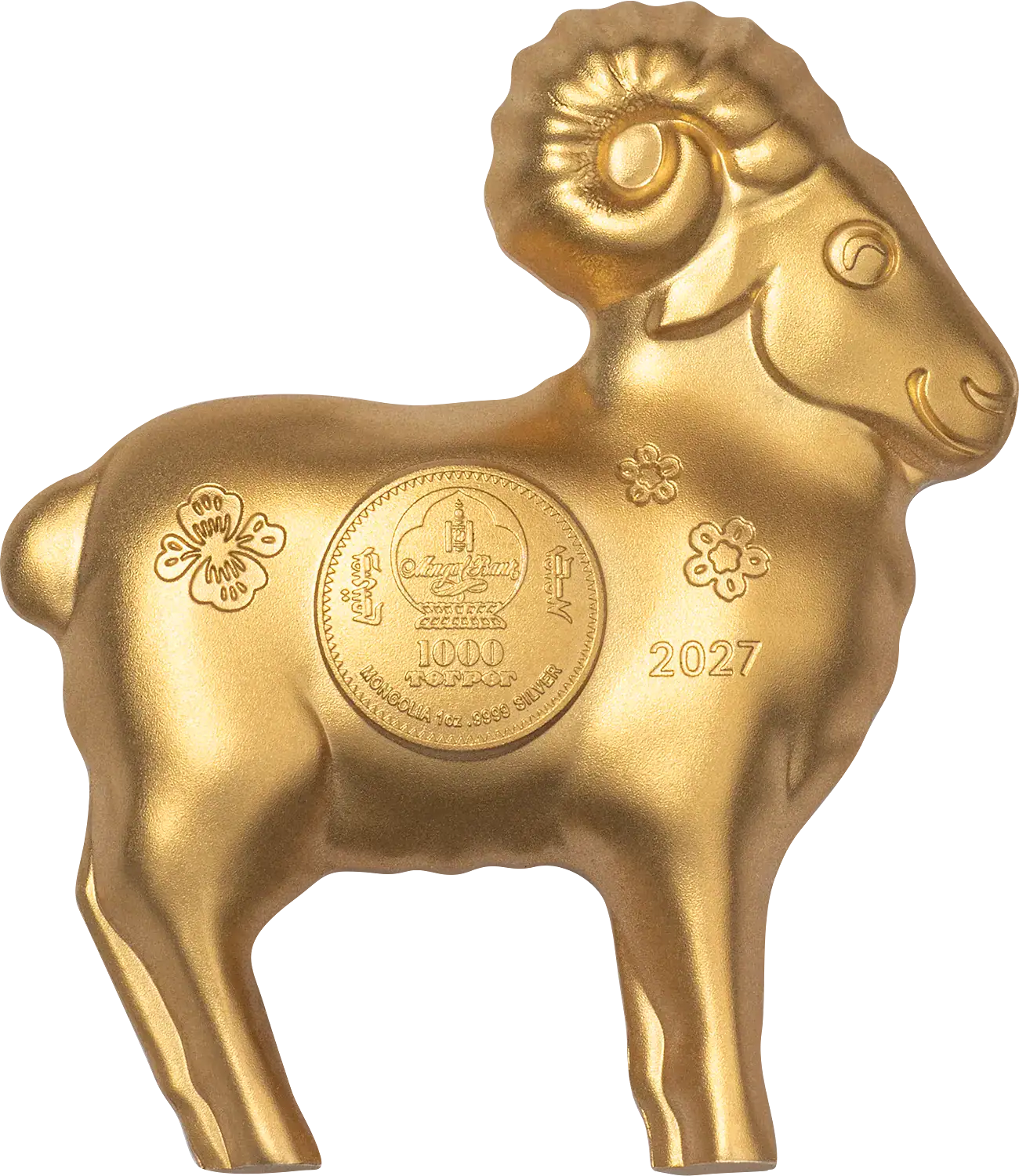 Mongolia - 2027 - 1000 Togrog - Year of the Goat 3D silver 1oz GILDED EDITION