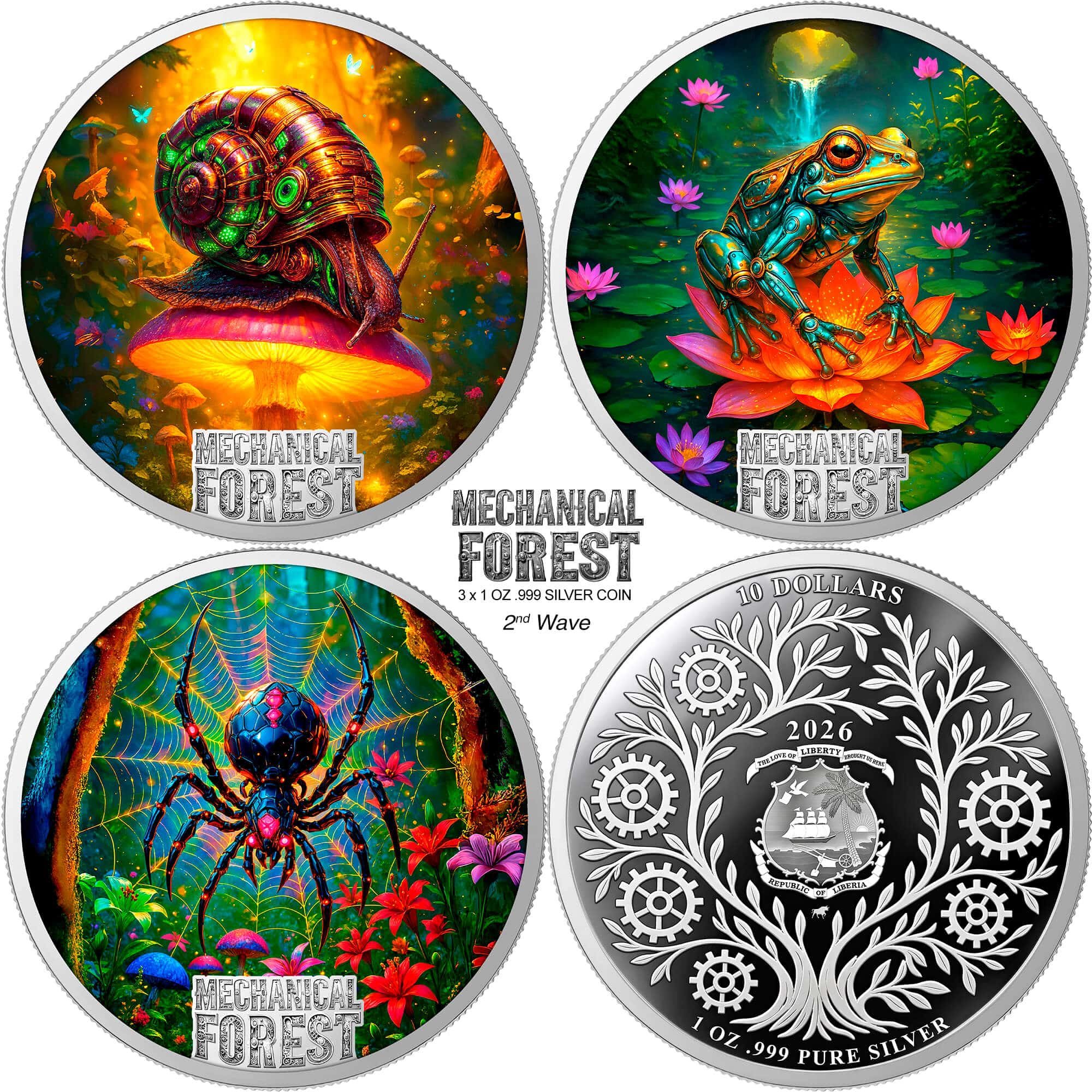 Liberia - 2026 - 3x 10 Dollars - Spider, Snail, Frog (Mechanical Forest series) 3x 1oz silver