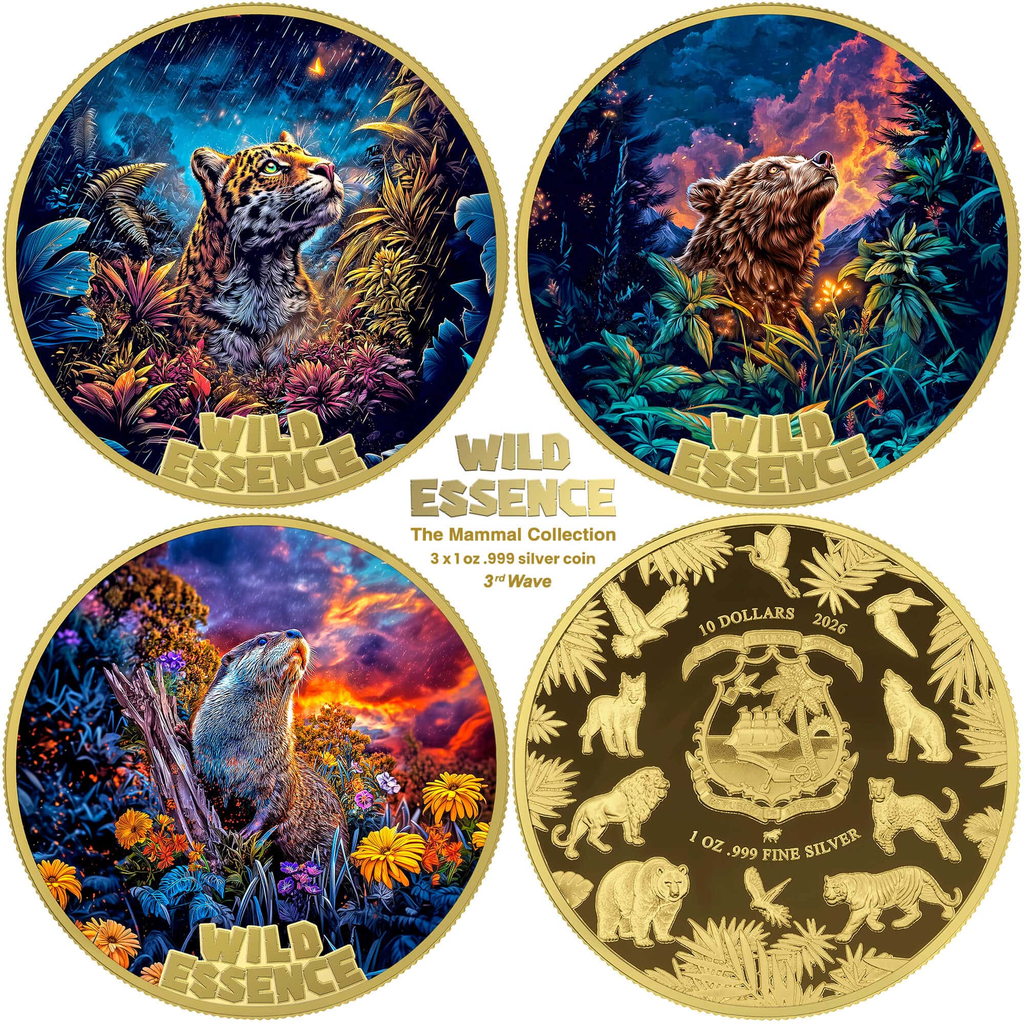 Liberia - 2026 - 3x 10 Dollars - Jaguar, Otter and Brown Bear (Wild Essence series) 3x 1oz silver GILDED